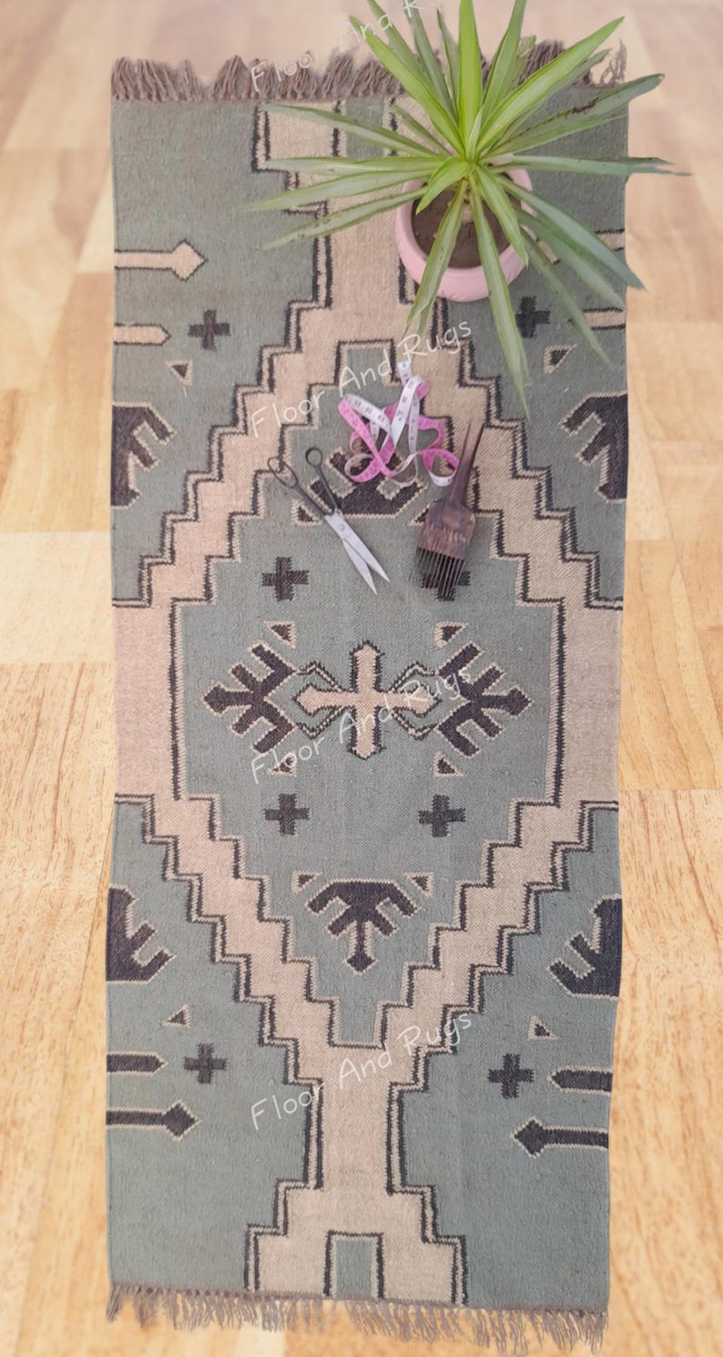 Hand Made Wool Jute Kilim Runner Rug, Indian Rug, Home Decor Area Rug, Jute Kilim Rug, Custom Area Runner Rug, Multicolor Stair Area Rug. image 2