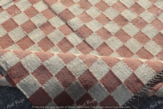 Checkered wool Kilim Area Rug , Jute Area Rug, Checkered Runner Large Size, Kitchen Rug, Bedroom Rug, Brown Checkered Rug, Kilim Check Rug