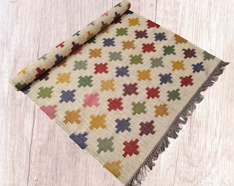 Handwoven Wool Jute Kilim Rug – Bohemian Geometric Area Rug, Tribal Vintage Carpet, Handmade Flatweave Floor Decor, Natural Fiber Runner