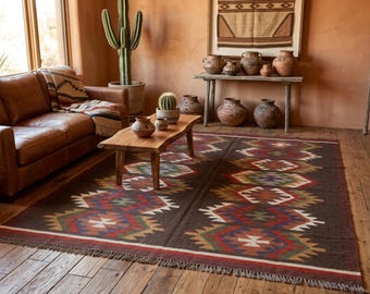 Handmade  Tribal Kilim Rug Brown Diamond Kilim Handwoven Wool Dhurrie Rustic Living Room Carpet Boho Bedroom Decor Custom Size Artisan Rug
