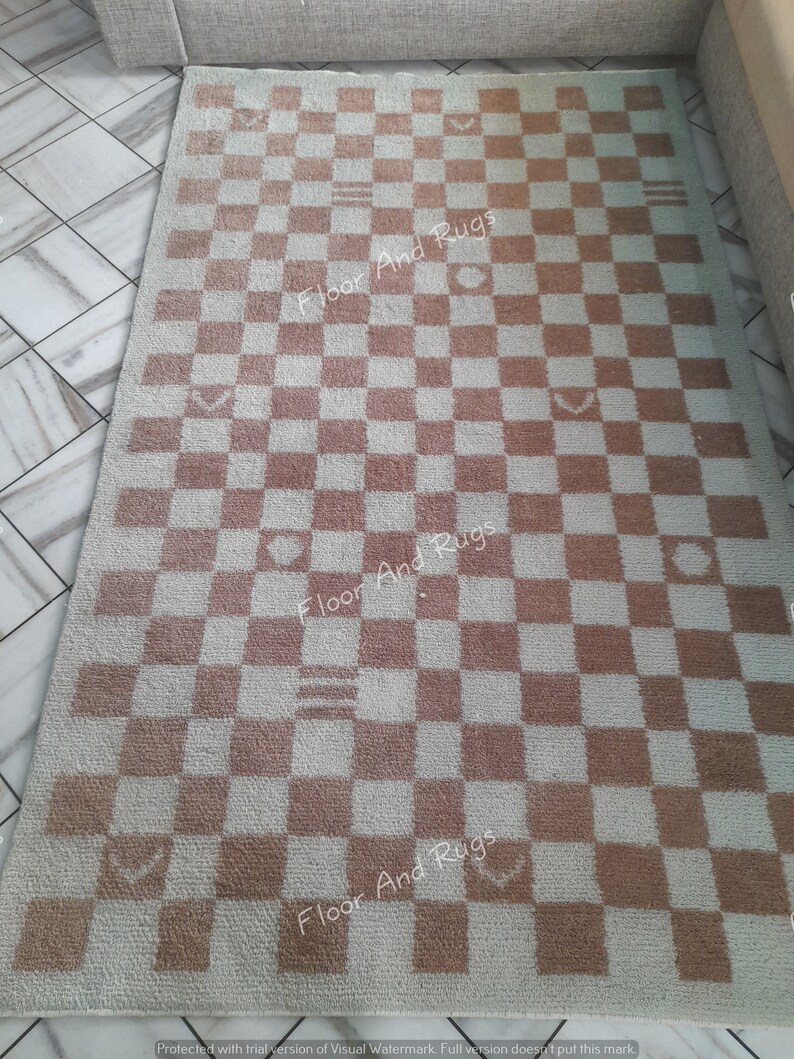 Handgjord schackrutig matta Neutral beige salviagrön rutig matta Skandinavisk boho vardagsrumsmatta Handtuftad mjuk ullmatta Anpassad storlek bild 5