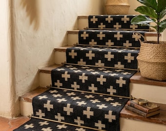 Wool Jute Kilim Runner Rugs, Black Color Check Runner, Handwoven Carpet, Checker Stair Runner, Living Room Runner, Persian Stairs Runner.