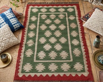 Handwoven Wool Jute Rug, Geometric Tribal Kilim, Green and Red Area Rug Flatweave Boho Rug Entryway Floor Mat, Southwestern Home Decor Gift
