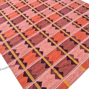 Handwoven Scandinavian Kilim Rug: Terracotta Pink Orange Gold Black Pure Wool Geometric Design