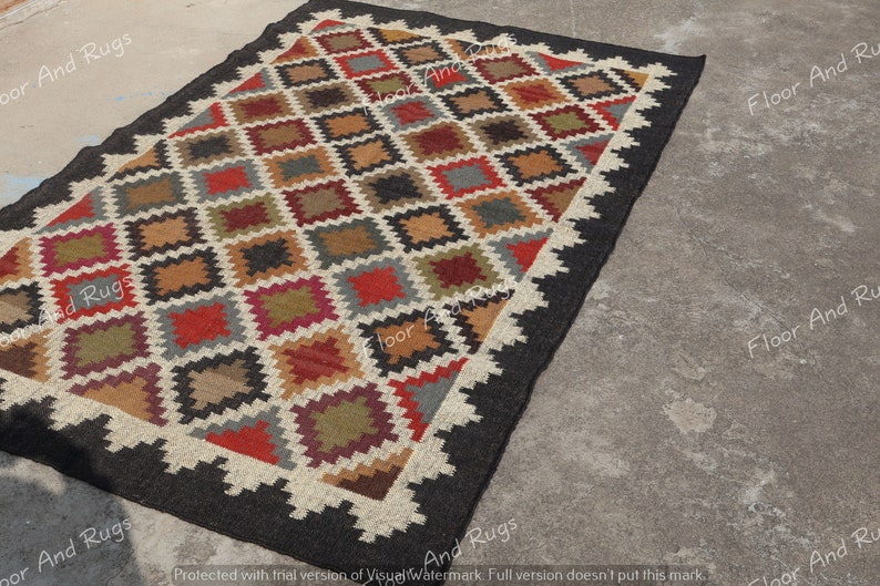 Handwoven Wool Jute Rug | Geometric Pattern Carpet | Modern Boho Area Rug | Eco Friendly Rugs image 6