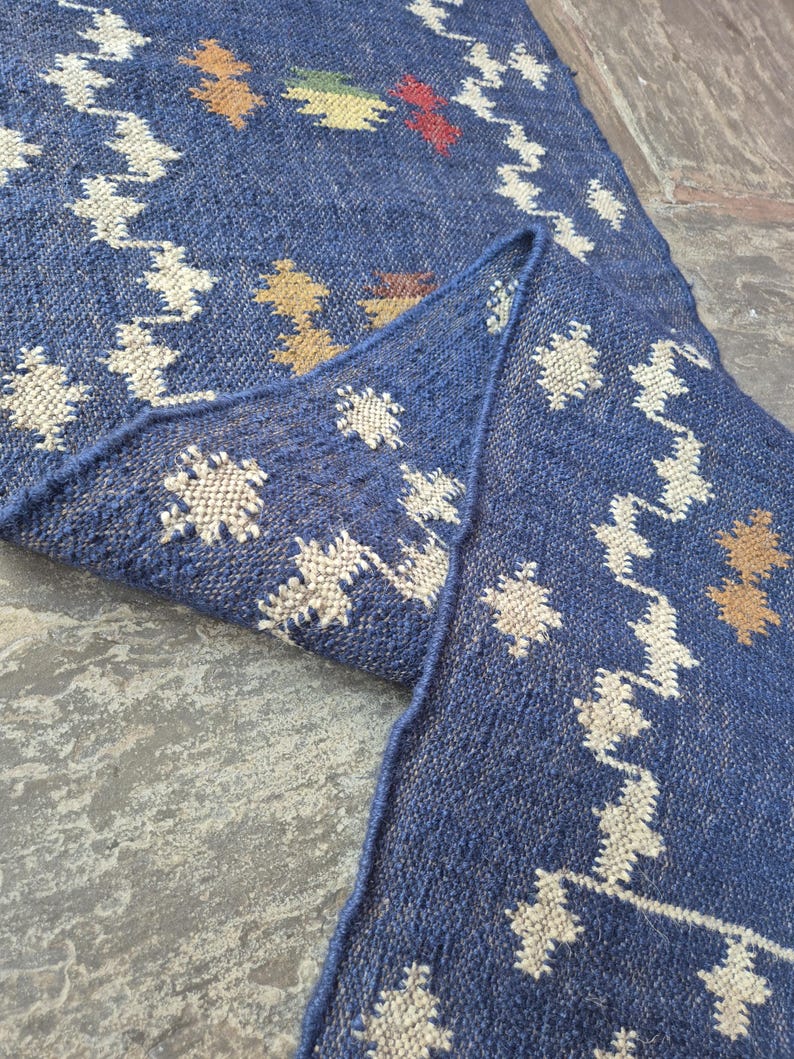 Handmade Wool Jute Runner Rug, 2x8 Blue Runner Rug, Custom Tapestry Runner, Geometric Stairs Runner Rug, Modern Flatweave Runner Rug image 8