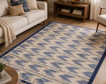 Blue Flatweave Dhurrie Rug | Handwoven Cotton Area Rug | Boho Scandinavian Bedroom Living Room Rug | Custom Size | Geometric Boho Area Rug