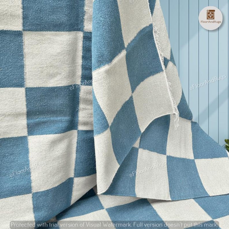 Checkered Wool Rug, Handmade Sky and Beige Living Room / Dining Room Rug, Red Checkerboard Carpet, Custom Size Pure Wool Rug, Check Runner image 13