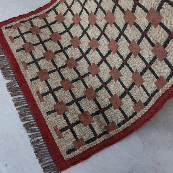 Geometric Wool Jute Traditional Rug - Handmade Vintage Rug, Navajo Geometric Pattern Jute Rug - Handwoven Rug for Living Room \ Bedroom Rug