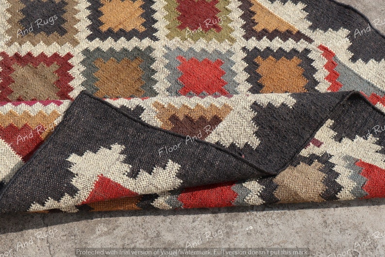 Handwoven Wool Jute Rug | Geometric Pattern Carpet | Modern Boho Area Rug | Eco Friendly Rugs image 2
