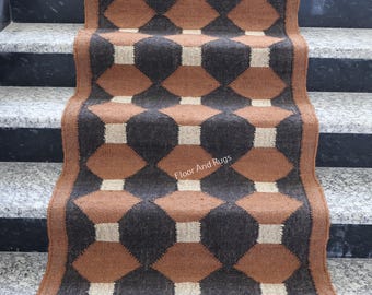 Multi Sizes Runner Rug for Stairs | Handwoven Geometric Indian Kilim | Eco-Friendly & Sustainable | Kitchen, Bedside, Hallway, Entry, Custom