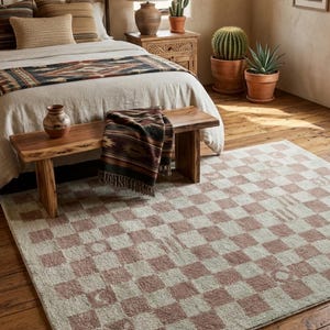 Handgjord schackrutig matta Neutral beige salviagrön rutig matta Skandinavisk boho vardagsrumsmatta Handtuftad mjuk ullmatta Anpassad storlek bild 1
