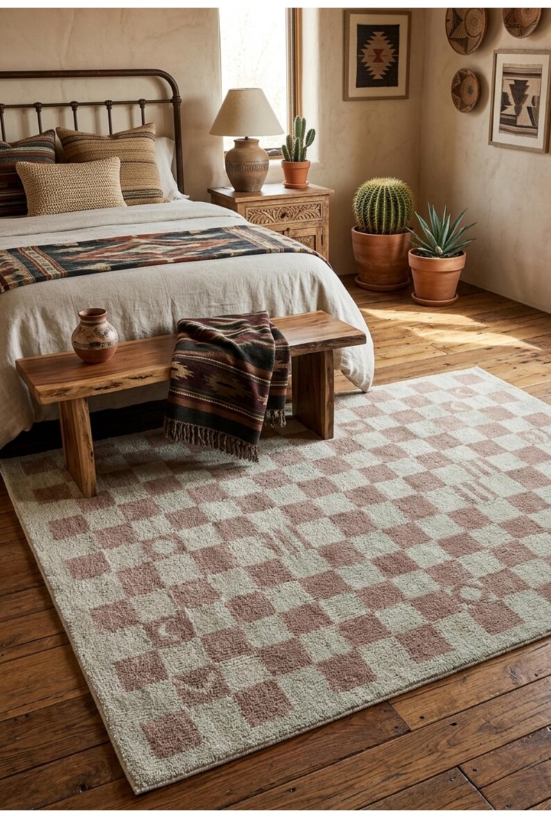 Handgjord schackrutig matta Neutral beige salviagrön rutig matta Skandinavisk boho vardagsrumsmatta Handtuftad mjuk ullmatta Anpassad storlek bild 1