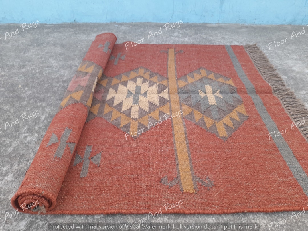Wool Jute Kilim Rug, Handmade Geometric Jute Kilim Home Decor Area Rug