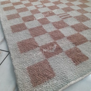Handgjord schackrutig matta Neutral beige salviagrön rutig matta Skandinavisk boho vardagsrumsmatta Handtuftad mjuk ullmatta Anpassad storlek bild 7