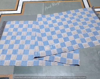 Alfombra Kilim de lana a cuadros azul cielo, alfombra para escaleras, alfombra grande para cocina, dormitorio, entrada o vestíbulo.