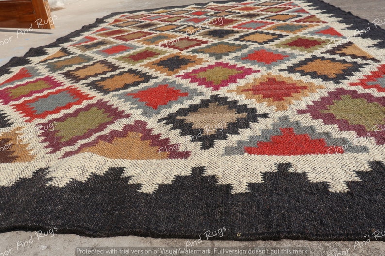 Handwoven Wool Jute Rug | Geometric Pattern Carpet | Modern Boho Area Rug | Eco Friendly Rugs image 4
