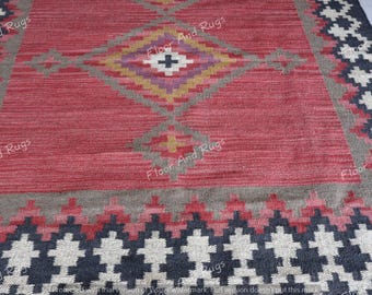 Handwoven Red Multicolor Wool Kilim Rug, Custom Size Personalized Gift for Him/Her, 8x12 Ft Large Area Floral Rug, Hallway, for Living Room
