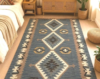 Deep Teal Peruvian Rug - Handmade Vintage Kilim Motif Runner - Indian Moroccan Fusion Dhurrie -Southwestern Native Navajo Jaipur Runner Rug.