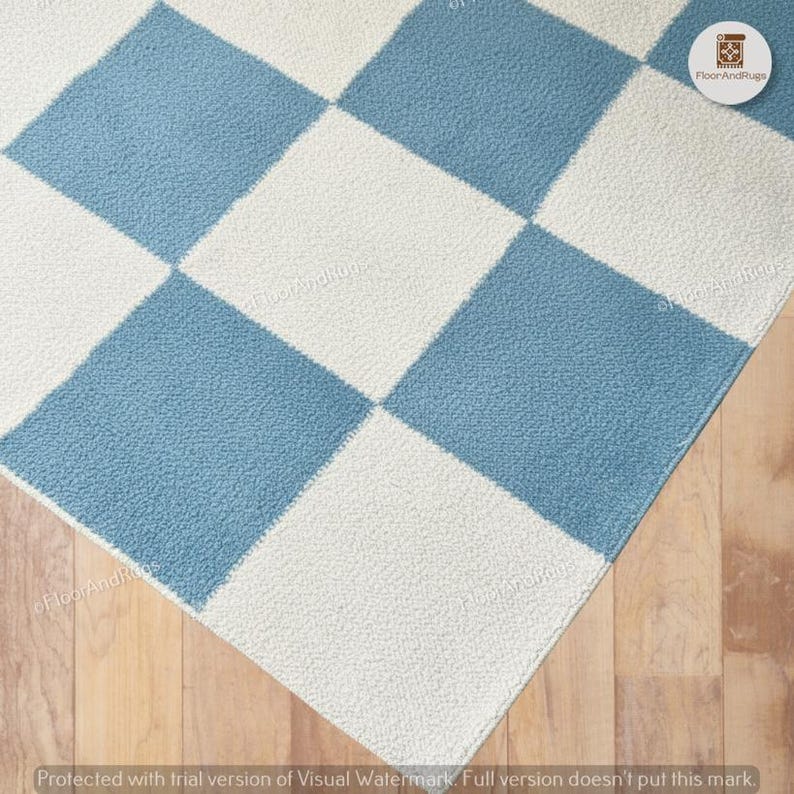 Checkered Wool Rug, Handmade Sky and Beige Living Room / Dining Room Rug, Red Checkerboard Carpet, Custom Size Pure Wool Rug, Check Runner image 11