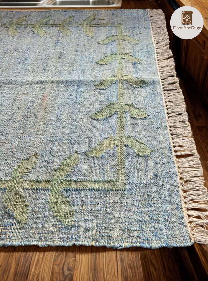 Neutral Blue Jute Rug, Rustic Floral Jute Cotton Rug, Handwoven Vintage ...