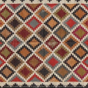 May include: A woven rug featuring a repeating geometric diamond pattern in a palette of red, orange, olive green, charcoal gray, and brown, outlined in cream. The text Floor And Rugs is visible in a repeating watermark across the surface.