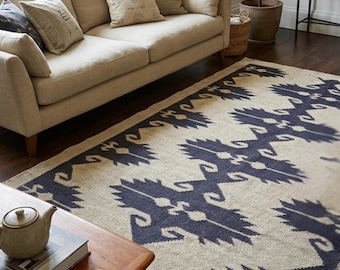 Handmade Navy Blue Area Rug Geometric Tribal Kilim5x8 Boho Living Room Rug Natural Fiber Handwoven Dhurrie Custom Size Modern Bedroom Carpet