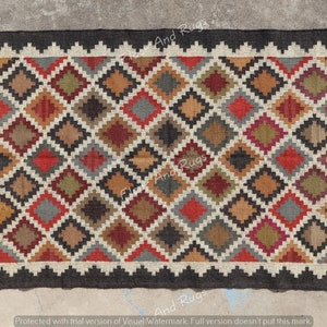 May include: A rectangular area rug featuring a repeating diamond pattern in shades of red, green, brown, and gray. The rug is framed by a cream-colored zigzag border and a solid black outer edge, creating a distinct geometric design throughout.