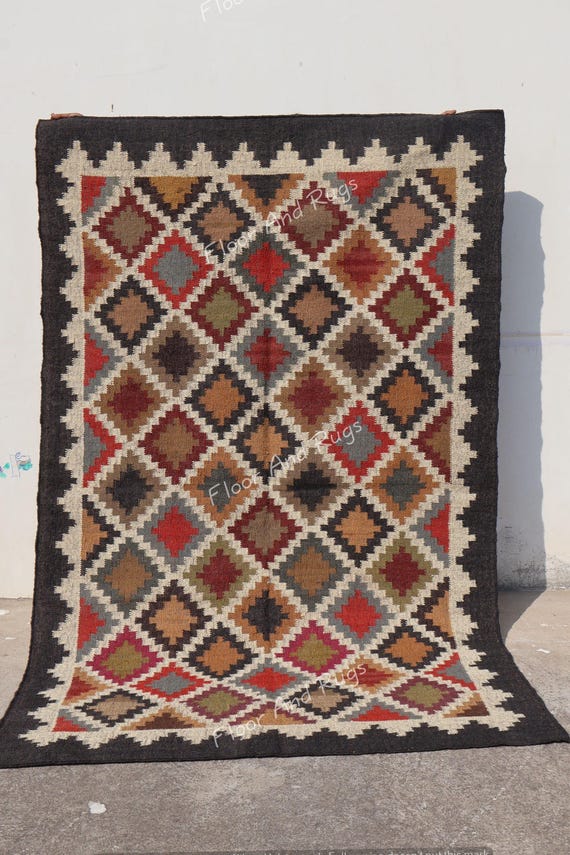 Handwoven Wool Jute Rug | Geometric Pattern Carpet | Modern Boho Area Rug | Eco Friendly Rugs