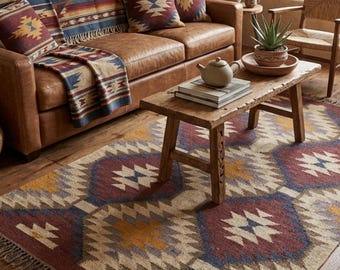 Alfombra de estilo suroeste hecha a mano, color burdeos ocre, Kilim geométrico, alfombra bohemia terrosa para sala de estar, alfombra Dhurrie tejida a mano de fibra natural, lana y yute.