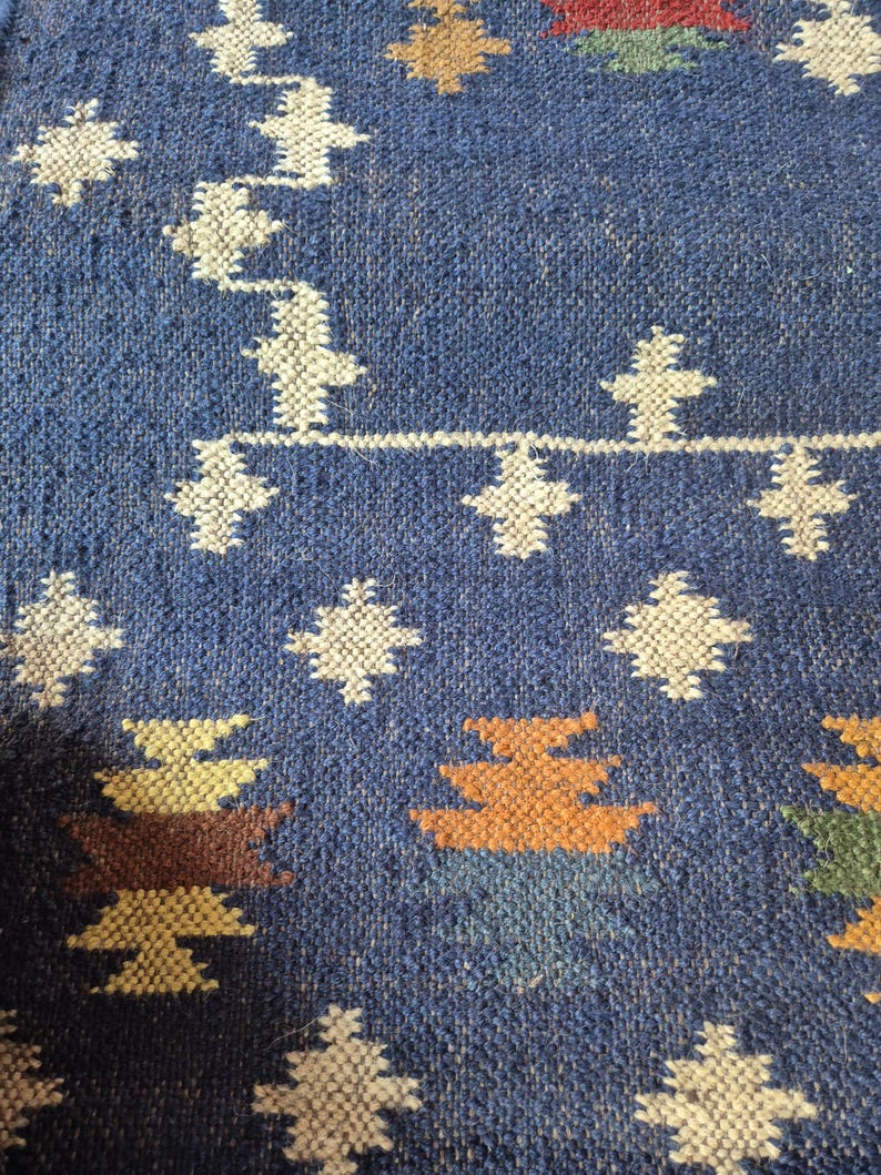 Handmade Wool Jute Runner Rug, 2x8 Blue Runner Rug, Custom Tapestry Runner, Geometric Stairs Runner Rug, Modern Flatweave Runner Rug image 11