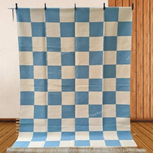 Checkered Wool Rug, Handmade Sky and Beige Living Room / Dining Room Rug, Red Checkerboard Carpet, Custom Size Pure Wool Rug, Check Runner image 1