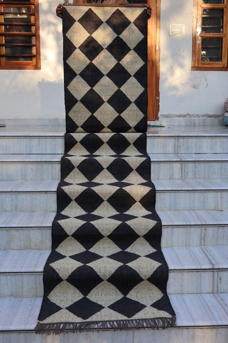 Handwoven Handmade Black Dimond Checkered Jute Kilim Rug, Wool ...