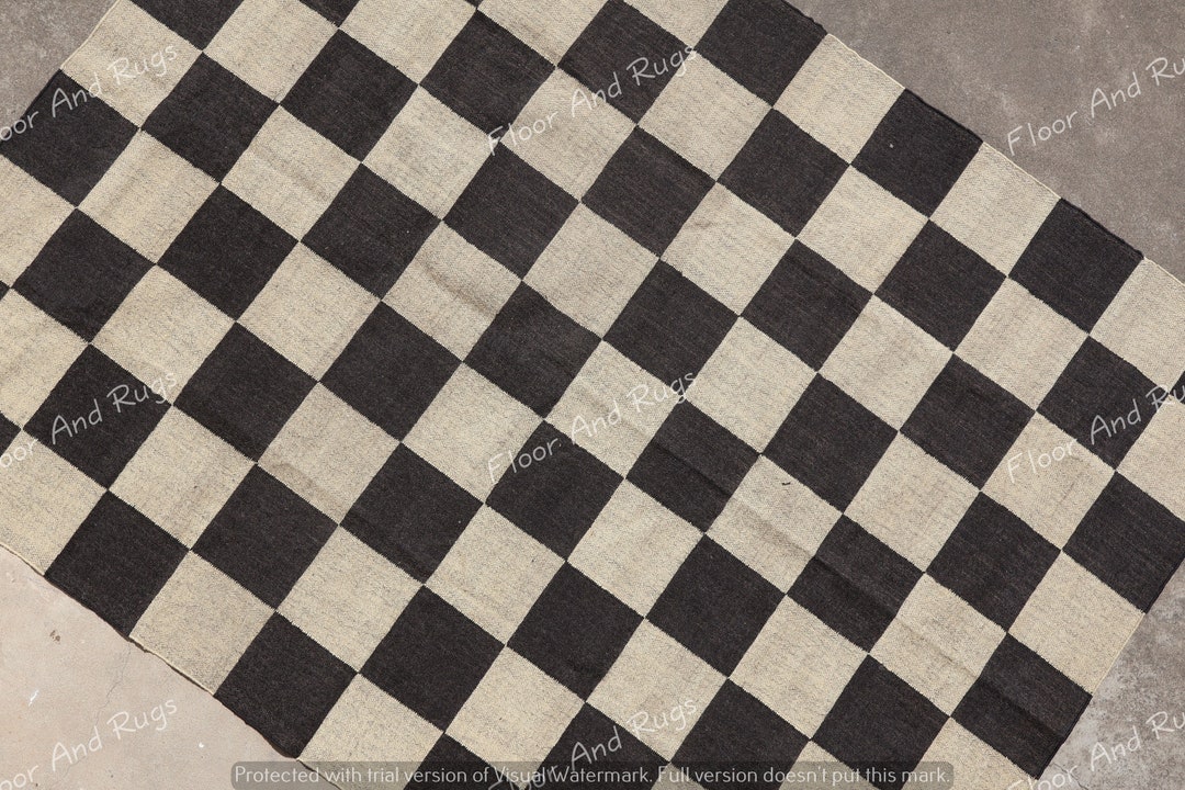Check Wool Rug Large Handmade Checker Rug, Wool Jute Kilim Checkerboard Rug, Home Decor ...