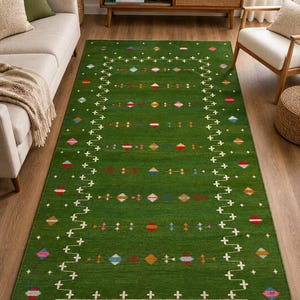 Green Kilim Rug Handmade | Cotton Flatweave Area Rug | Scandinavian Boho Rug | Living Room Bedroom Rug | Custom Size
