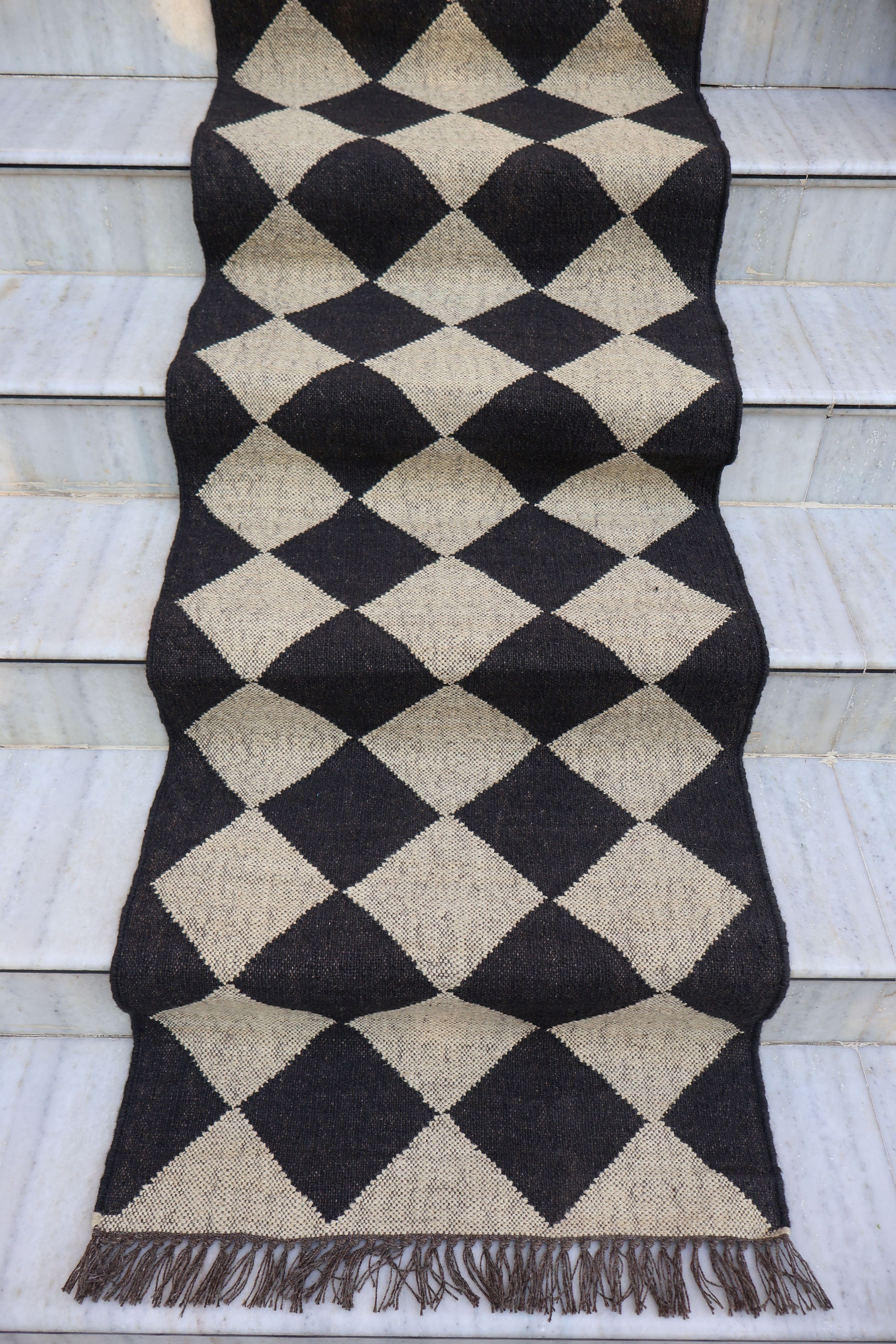 Handwoven Handmade Black Dimond Checkered Jute Kilim Rug, Wool ...