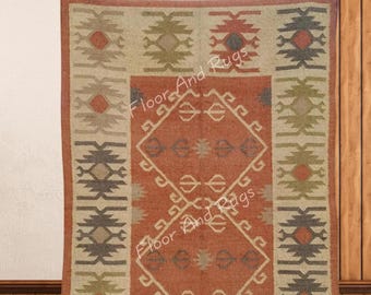 Vintage Wool Jute Kilim Rug, Handwoven, Wool and Jute Rug Handmade, Kilim Dhurrie Rug, Traditional Indian jute Area rug