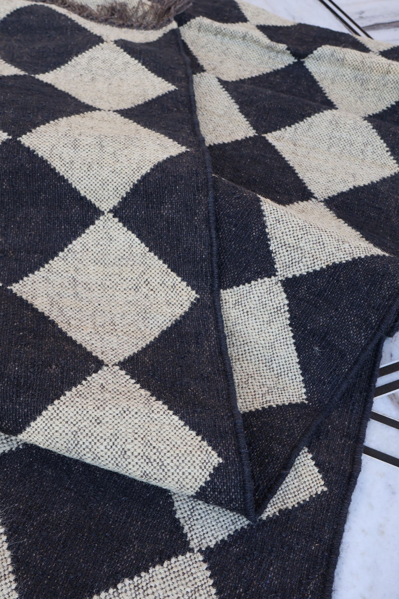 Handwoven Handmade Black Dimond Checkered Jute Kilim Rug, Wool ...