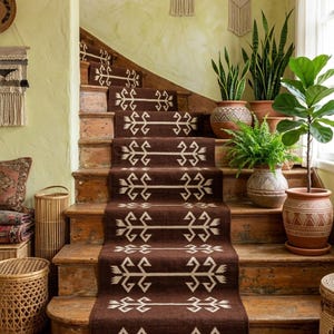 Handwoven Wool Kilim Stairs | Brown Hallway Runner | Handmade Tribal Kilim Rug | Rustic Farmhouse Runner | Flat Weave Carpet | Custom Size