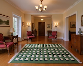 Alfombra de lana a cuadros verdes: Alfombra escandinava Kilim tejida a mano, alfombra de lana moderna de lujo, alfombra Kilim de tejido plano, 8x10 pies, 9x12 pies.