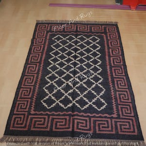 Handmade Kilim Wool Jute Rug | Black Rust Kilim Rug | Geometric Tribal Area Rug Southwestern Boho Carpet | Living Room Bedroom | Custom Size image 9