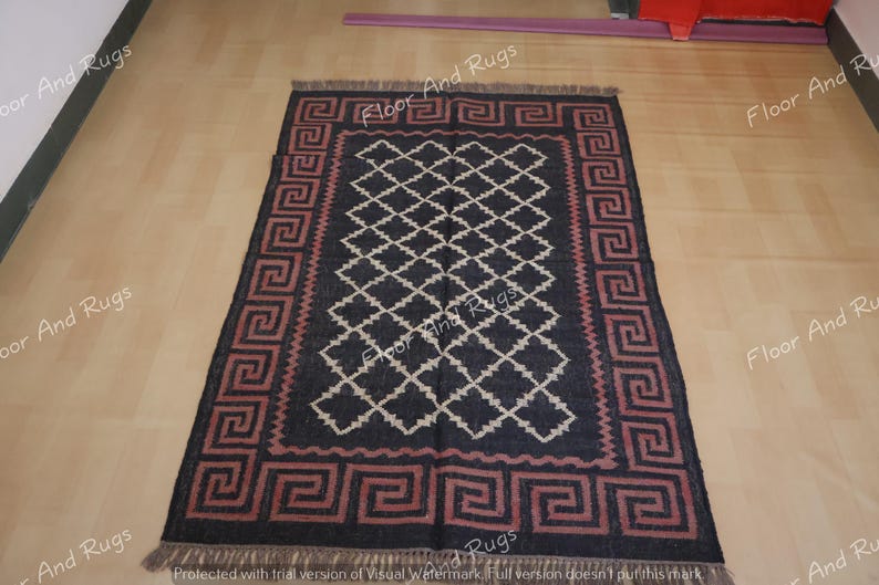 Handmade Kilim Wool Jute Rug | Black Rust Kilim Rug | Geometric Tribal Area Rug Southwestern Boho Carpet | Living Room Bedroom | Custom Size image 9