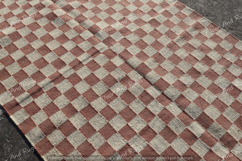 Handmade Checker Rug, Jute Kilim Checkerboard Rug, Home Decor Checkered Dhurrie, Custom Area Runner Rug