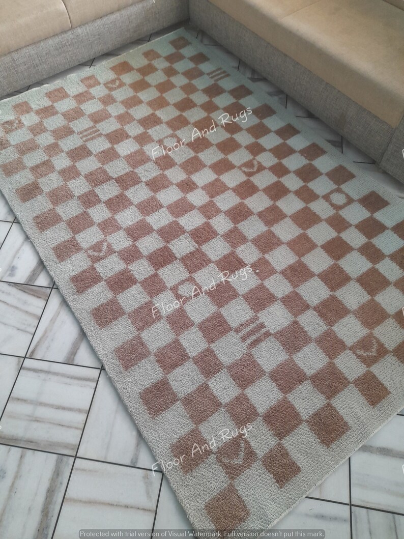 Handgjord schackrutig matta Neutral beige salviagrön rutig matta Skandinavisk boho vardagsrumsmatta Handtuftad mjuk ullmatta Anpassad storlek bild 6
