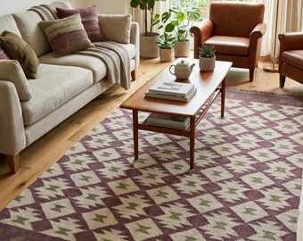 Handmade Area Rug Geometric Diamond Kilim Boho Living Room Decor Handwoven Natural Fiber Dhurrie Custom Size Bedroom Carpet 5x8 Feet Rug
