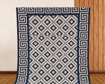 Handwoven Navy Blue and Beige Greek Key Geometric Pattern Rug | Wool Flatweave Kilim Runner rug, Rug for living room, Hallway Runner, Decor