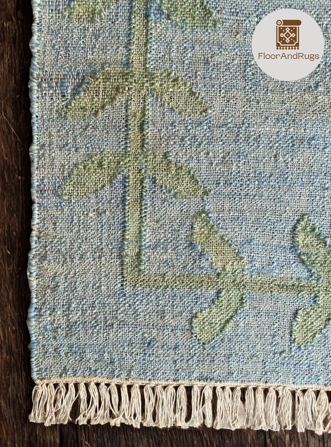 Neutral Blue Jute Rug, Rustic Floral Jute Cotton Rug, Handwoven Vintage ...