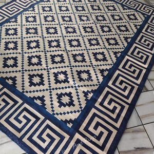 Blue And White Geometric Area Rug, Handmade Cotton Area Flat Weave Rug, Cotton Dhurrie, Floor Mat Rug, Home & Living Room Rug,Large Size Rug