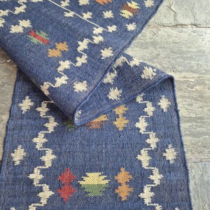 Handmade Wool Jute Runner Rug, 2x8 Blue Runner Rug, Custom Tapestry Runner, Geometric Stairs Runner Rug, Modern Flatweave Runner Rug image 7