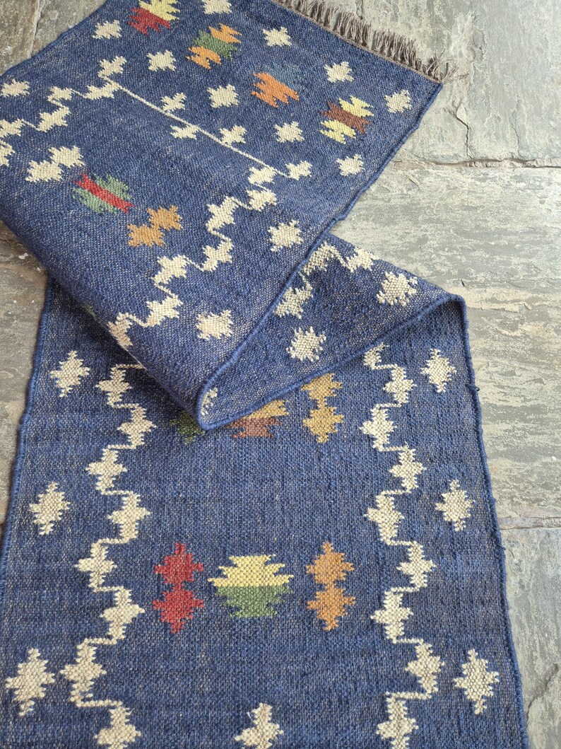 Handmade Wool Jute Runner Rug, 2x8 Blue Runner Rug, Custom Tapestry Runner, Geometric Stairs Runner Rug, Modern Flatweave Runner Rug image 7